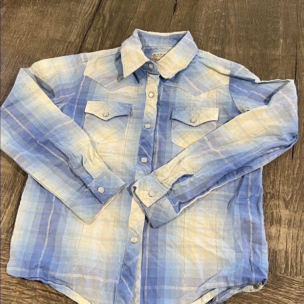 Roper Girl's Size M 7-8 Western Pearl Snap Shirt Blue white‎ Plaid Long Sleeve